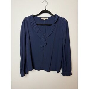 LOFT Cotton Lightweight Navy Blue Long Sleeve Buttoned Blouse Ruffle Front XSP‎